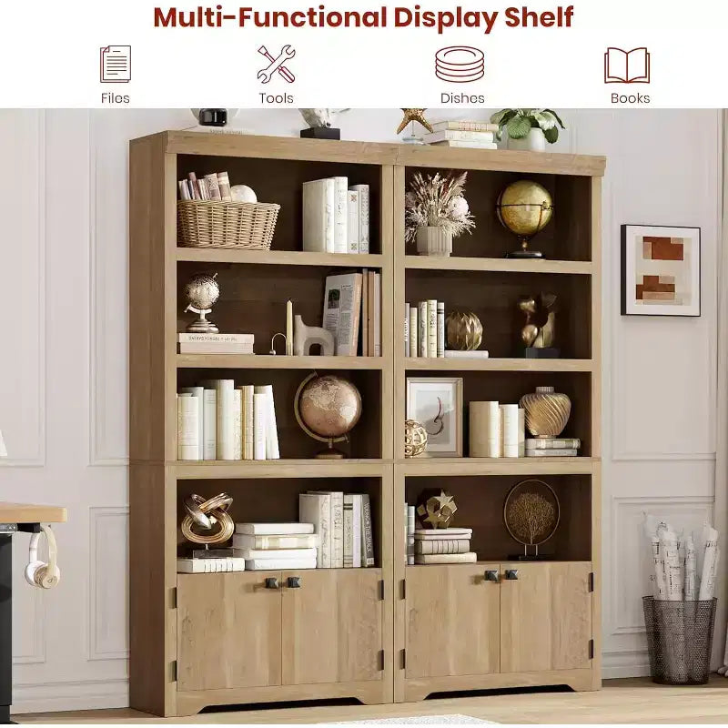 5 Tier Bookshelf, 69'' Tall Farmhouse Bookcase with 2 Doors & Adjustable Shelves - 31.5 W Open Display Storage Rack for Study, Living Room, Black