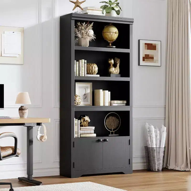 5 Tier Bookshelf, 69'' Tall Farmhouse Bookcase with 2 Doors & Adjustable Shelves - 31.5 W Open Display Storage Rack for Study, Living Room, Black