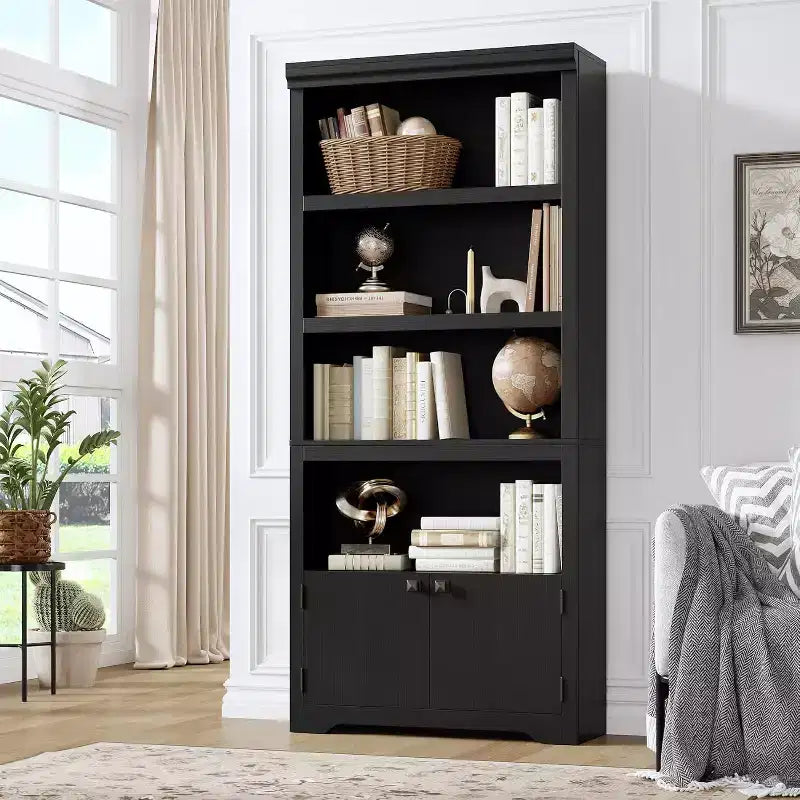 5 Tier Bookshelf, 69'' Tall Farmhouse Bookcase with 2 Doors & Adjustable Shelves - 31.5 W Open Display Storage Rack for Study, Living Room, Black