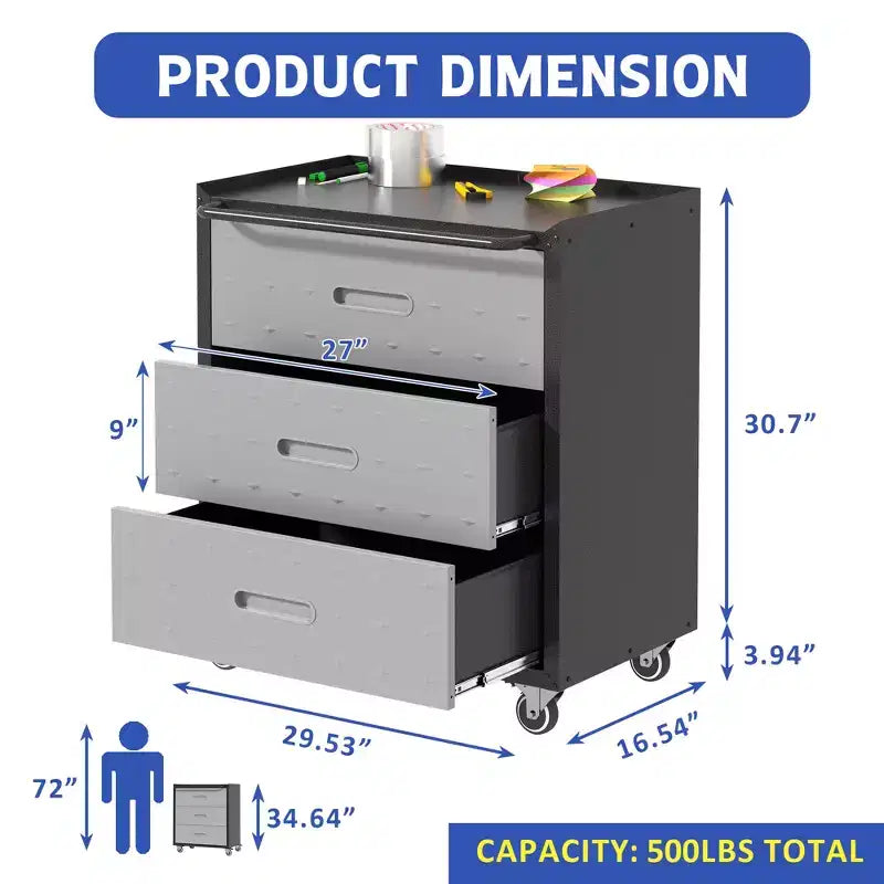 Metal Storage Cabinet with Wheels, 3 Drawer Tool Cabinet for Garage, Office, and Home Organizer Solutions