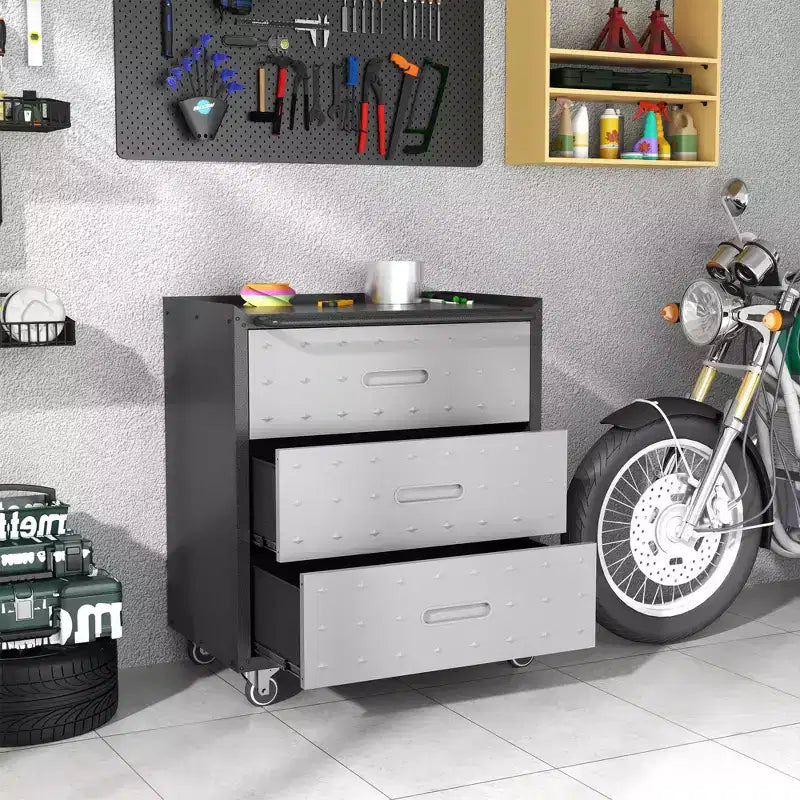 Meuble de rangement métallique avec roulettes, Chariot à outils 3 tiroirs pour Garage, Bureau et Solutions d'organisation à domicile