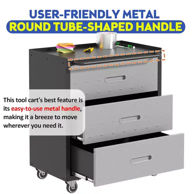 Meuble de rangement métallique avec roulettes, Chariot à outils 3 tiroirs pour Garage, Bureau et Solutions d'organisation à domicile