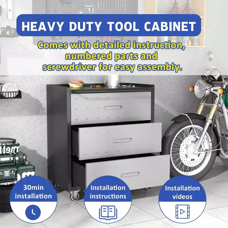 Meuble de rangement métallique avec roulettes, Chariot à outils 3 tiroirs pour Garage, Bureau et Solutions d'organisation à domicile