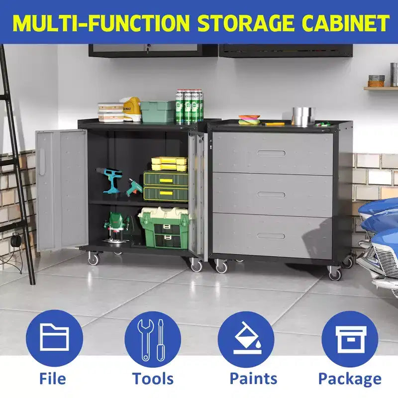 Meuble de rangement métallique avec roulettes, Chariot à outils 3 tiroirs pour Garage, Bureau et Solutions d'organisation à domicile
