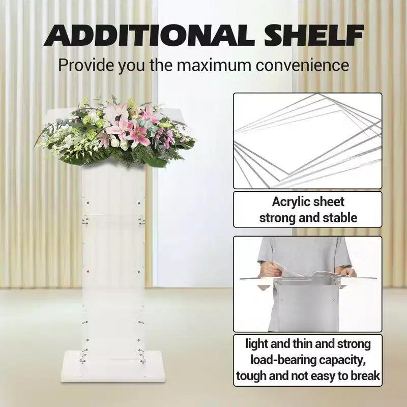 Modern Acrylic Podium Stand  Floor Lectern with Wide Reading Surface & Storage Shelf, Portable for Church, School, Conference  White