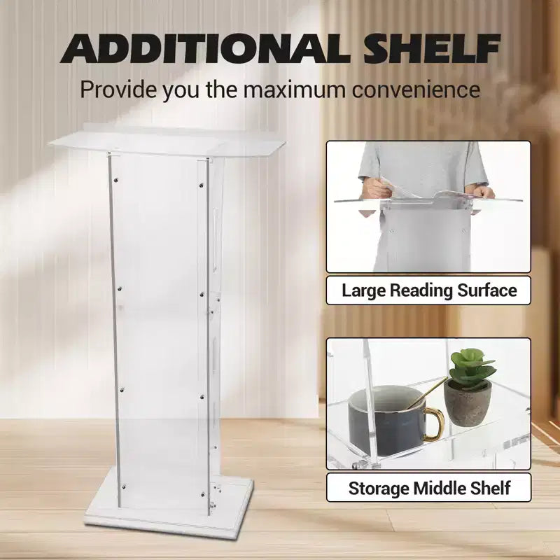 Modern Acrylic Podium Stand  Floor Lectern with Wide Reading Surface & Storage Shelf, Portable for Church, School, Conference  White