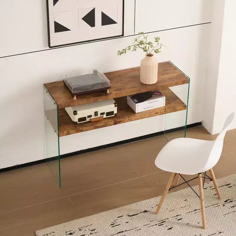 GDFStudio Gibson Modern Wood and Tempered Glass Console Table with Open Shelf
