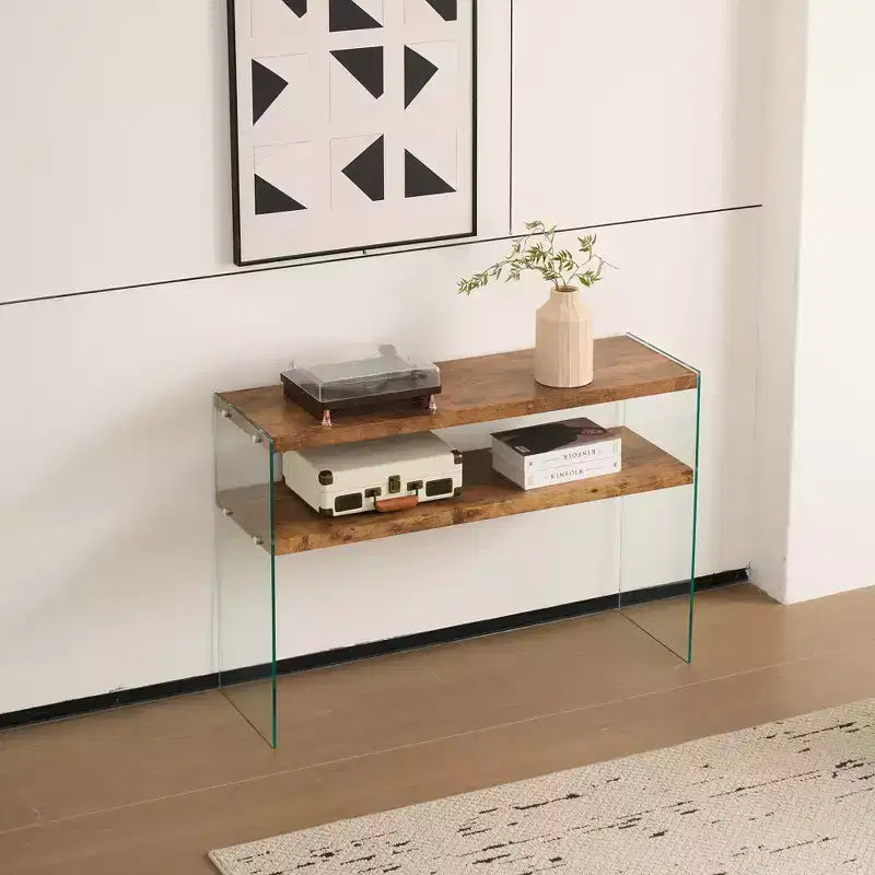 GDFStudio Gibson Modern Wood and Tempered Glass Console Table with Open Shelf