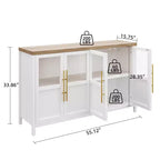 Modern Farmhouse 55 Sideboard Cabinet with 4 Glass Doors, Natural Wood Buffet Storage with Display Shelf for Kitchen, Dining and Living Room