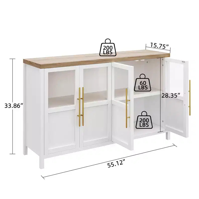 Modern Farmhouse 55 Sideboard Cabinet with 4 Glass Doors, Natural Wood Buffet Storage with Display Shelf for Kitchen, Dining and Living Room