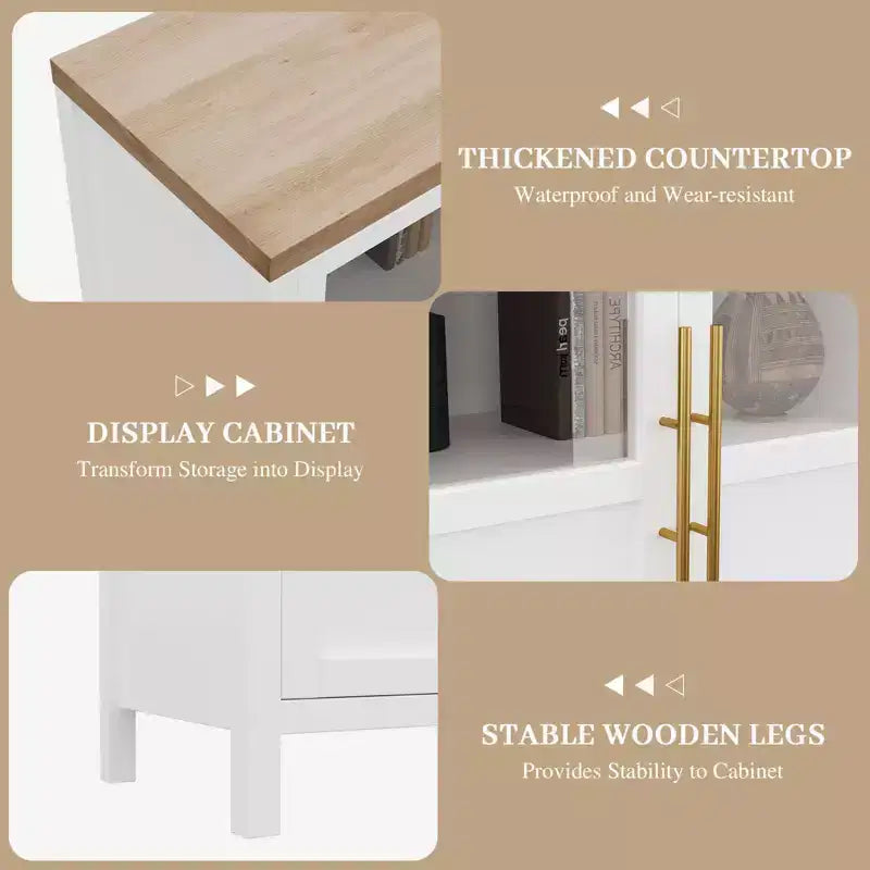 Modern Farmhouse 55 Sideboard Cabinet with 4 Glass Doors, Natural Wood Buffet Storage with Display Shelf for Kitchen, Dining and Living Room