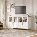 Modern Farmhouse 55 Sideboard Cabinet with 4 Glass Doors, Natural Wood Buffet Storage with Display Shelf for Kitchen, Dining and Living Room