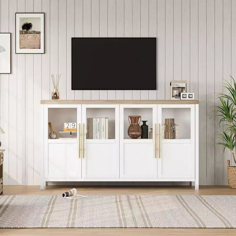 Modern Farmhouse 55 Sideboard Cabinet with 4 Glass Doors, Natural Wood Buffet Storage with Display Shelf for Kitchen, Dining and Living Room