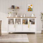 Modern Farmhouse 55 Sideboard Cabinet with 4 Glass Doors, Natural Wood Buffet Storage with Display Shelf for Kitchen, Dining and Living Room