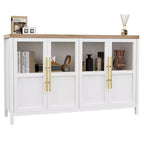 Modern Farmhouse 55 Sideboard Cabinet with 4 Glass Doors, Natural Wood Buffet Storage with Display Shelf for Kitchen, Dining and Living Room