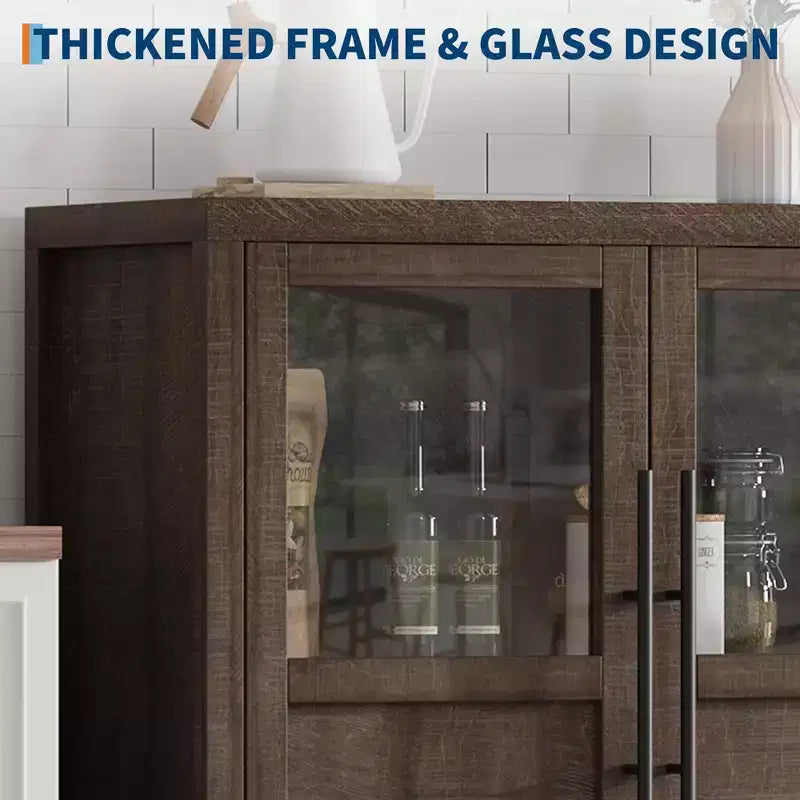 Modern Farmhouse 55 Sideboard Cabinet with 4 Glass Doors, Natural Wood Buffet Storage with Display Shelf for Kitchen, Dining and Living Room