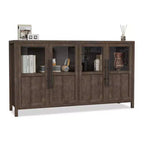 Modern Farmhouse 55 Sideboard Cabinet with 4 Glass Doors, Natural Wood Buffet Storage with Display Shelf for Kitchen, Dining and Living Room