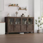 Modern Farmhouse 55 Sideboard Cabinet with 4 Glass Doors, Natural Wood Buffet Storage with Display Shelf for Kitchen, Dining and Living Room
