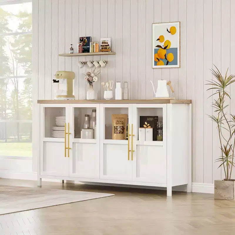 Modern Farmhouse 55 Sideboard Cabinet with 4 Glass Doors, Natural Wood Buffet Storage with Display Shelf for Kitchen, Dining and Living Room