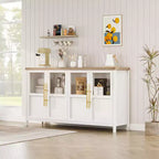 Modern Farmhouse 55 Sideboard Cabinet with 4 Glass Doors, Natural Wood Buffet Storage with Display Shelf for Kitchen, Dining and Living Room