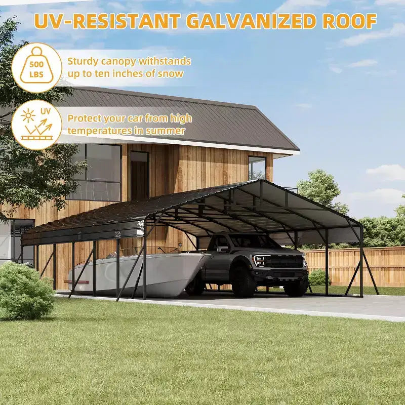 Abri de voiture en métal LinTimes 6,1 x 9,1 m, résistant aux intempéries, avec toit en acier galvanisé et cadre thermolaqué pour la protection des véhicules et une utilisation en extérieur