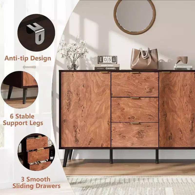 Sideboard Buffet Cabinet with Drawers and Shelves, Credenza Storage Coffee Bar with Metal Handles, Robot Vacuum Friendly for Kitchen and Dining