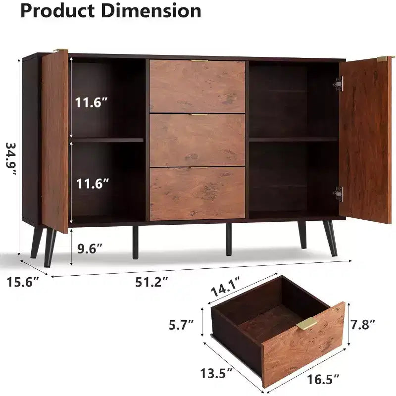 Sideboard Buffet Cabinet with Drawers and Shelves, Credenza Storage Coffee Bar with Metal Handles, Robot Vacuum Friendly for Kitchen and Dining