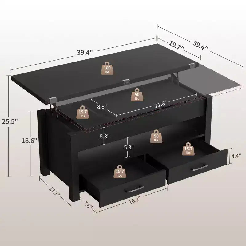 Table basse relevable réglable - Conception divisée, tiroirs de rangement et compartiment caché, table en bois moderne peu encombrante pour salon