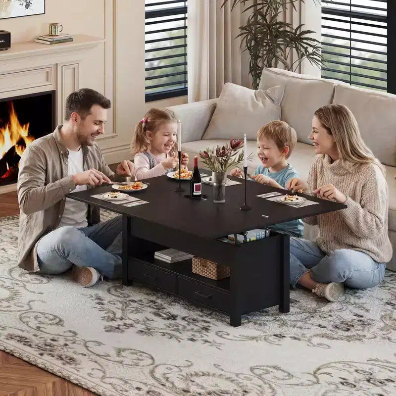 Table basse relevable réglable - Conception divisée, tiroirs de rangement et compartiment caché, table en bois moderne peu encombrante pour salon