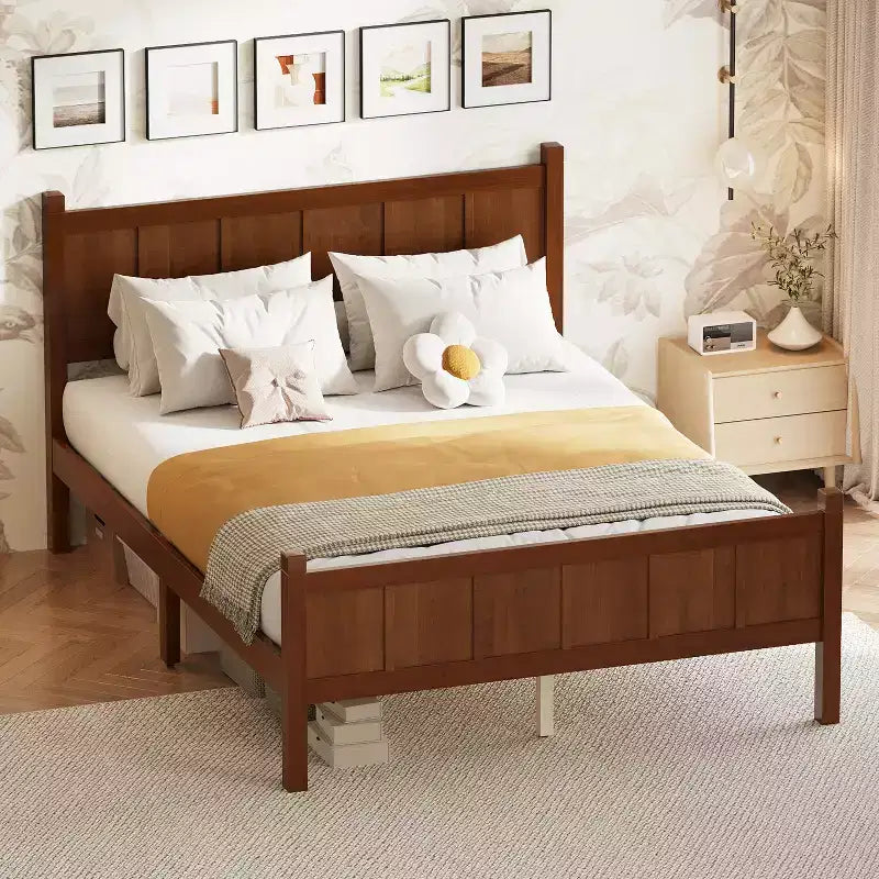 Lit plateforme double FAMYYT avec tête et pied de lit, assemblage facile