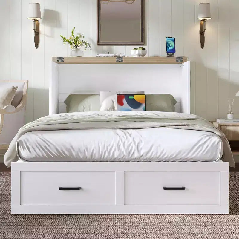 FAMYYT Full Size Foldable Platform Bed With Charging Station, Storage Drawer, Easy Assembly