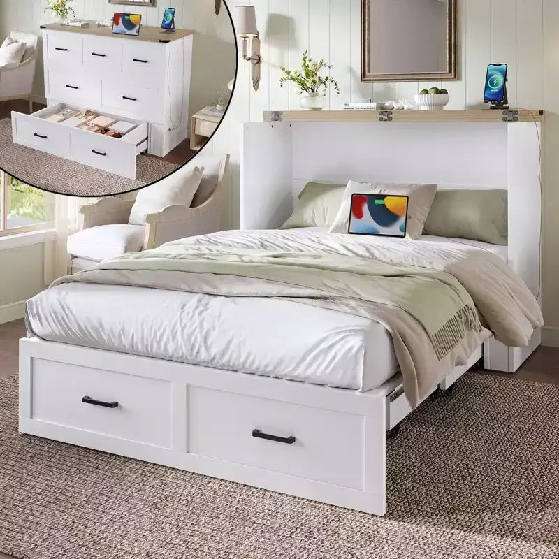 FAMYYT Lit Plateforme Pliable Grand Format Avec Station De Recharge, Tiroir De Rangement, Montage Facile