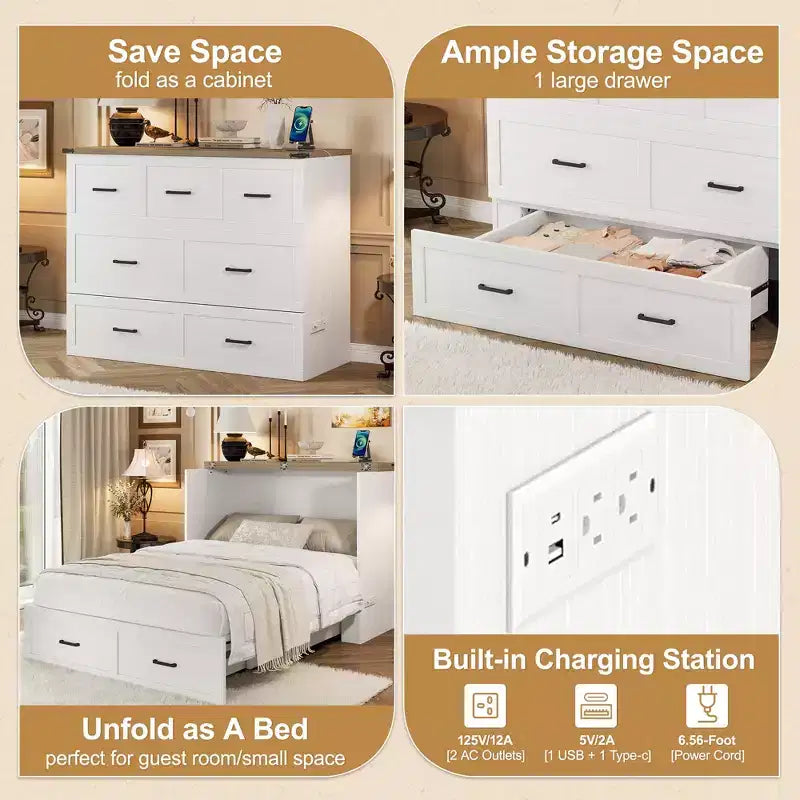 FAMYYT Lit Plateforme Pliable Grand Format Avec Station De Recharge, Tiroir De Rangement, Montage Facile