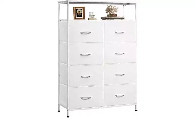 DEXYLLO Fabric Dresser for Bedroom with Open Shelves, Tall Dressers with 8 Drawers, Storage Tower with Fabric Bins, White