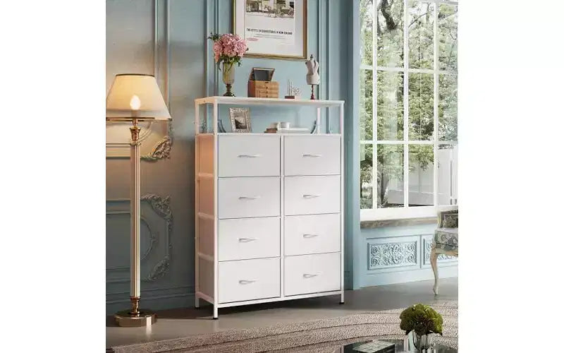 Commode de chambre à coucher DEXYLLO en tissu avec étagères ouvertes, commodes hautes à 8 tiroirs, tour de rangement avec bacs en tissu, blanc
