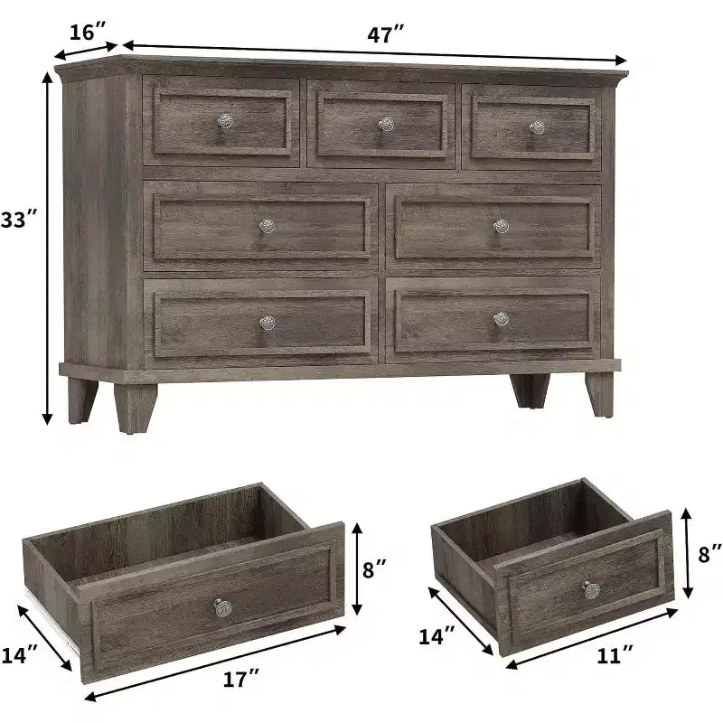 Commode 7 tiroirs pour chambre à coucher, grande commode de rangement en bois avec poignées métalliques, meuble TV commode de 120 cm de large, organisateur de tiroirs pour salon