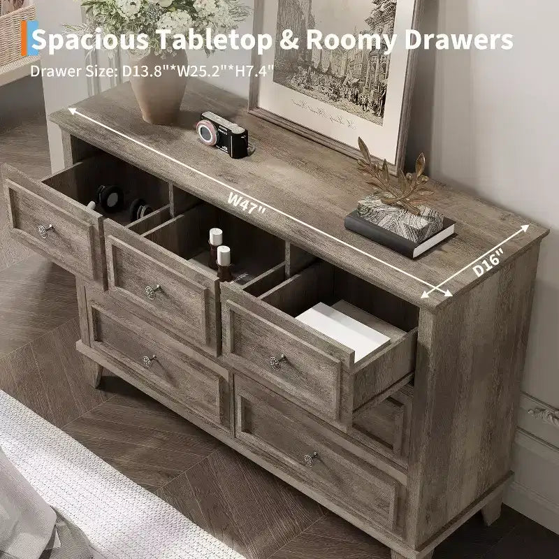 Commode 7 tiroirs pour chambre à coucher, grande commode de rangement en bois avec poignées métalliques, meuble TV commode de 120 cm de large, organisateur de tiroirs pour salon