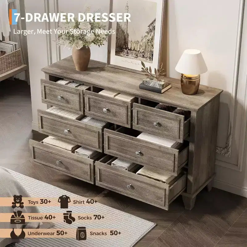 Commode 7 tiroirs pour chambre à coucher, grande commode de rangement en bois avec poignées métalliques, meuble TV commode de 120 cm de large, organisateur de tiroirs pour salon