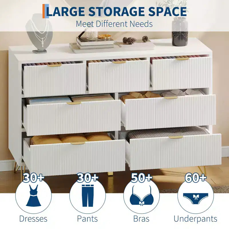 Commode 7 tiroirs pour chambre à coucher, commode moderne avec poignées et pieds en métal doré, organisateur de rangement TV en bois pour salon