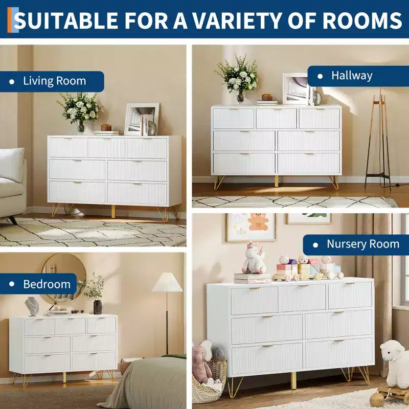 7 Drawer Dresser for Bedroom, Modern Chest of Drawers with Gold Metal Handles & Feet,Wood TV Stand Storage Organizer for Living Room