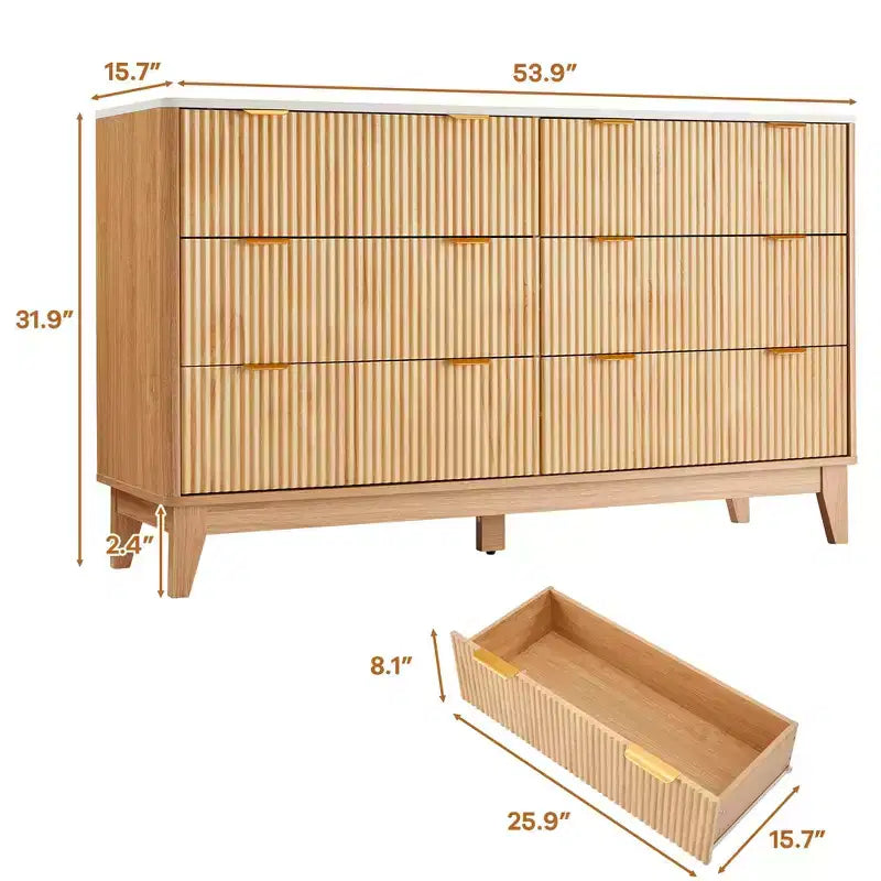 Commode 6 tiroirs cannelés, commode moderne avec plateau aspect marbre, meuble TV, organisateur de tiroirs en bois pour chambre à coucher, salon
