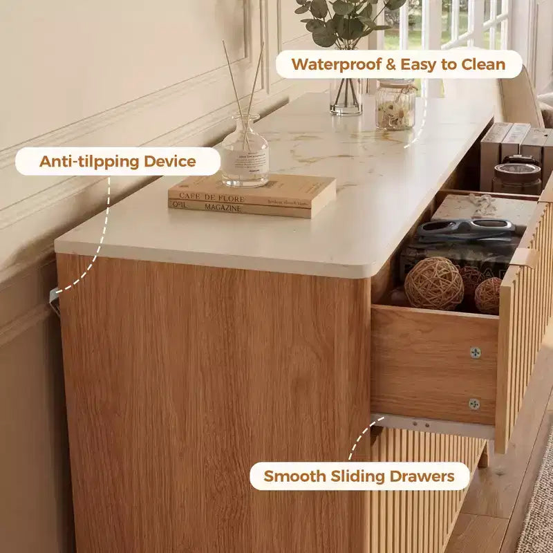 Commode 6 tiroirs cannelés, commode moderne avec plateau aspect marbre, meuble TV, organisateur de tiroirs en bois pour chambre à coucher, salon