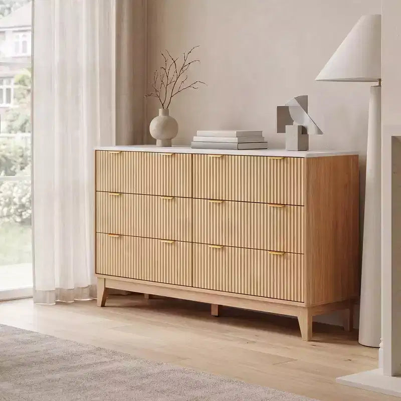 Commode 6 tiroirs cannelés, commode moderne avec plateau aspect marbre, meuble TV, organisateur de tiroirs en bois pour chambre à coucher, salon