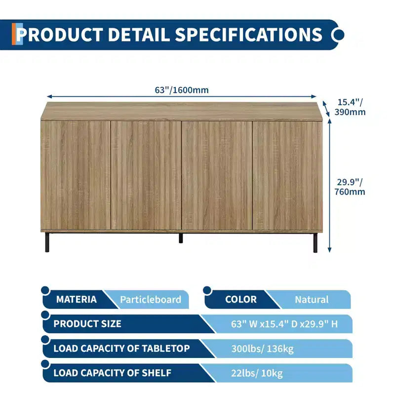 63 Modern Fluted Sideboard Buffet Cabinet, 4-Door Accent Table with Metal Legs & Adjustable Shelves, Dining Room