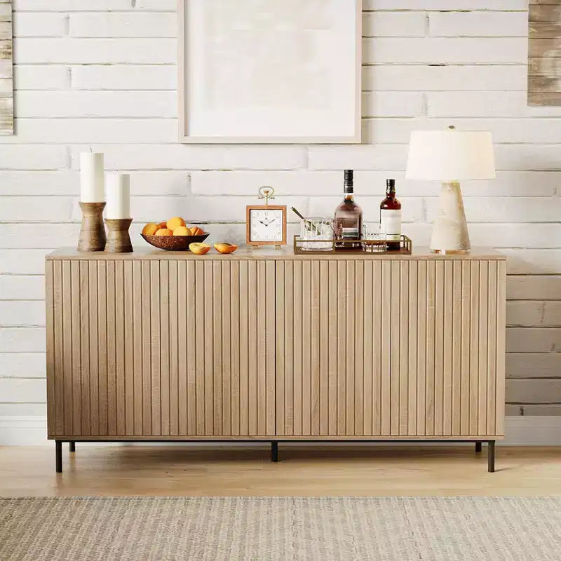 63 Modern Fluted Sideboard Buffet Cabinet, 4-Door Accent Table with Metal Legs & Adjustable Shelves, Dining Room
