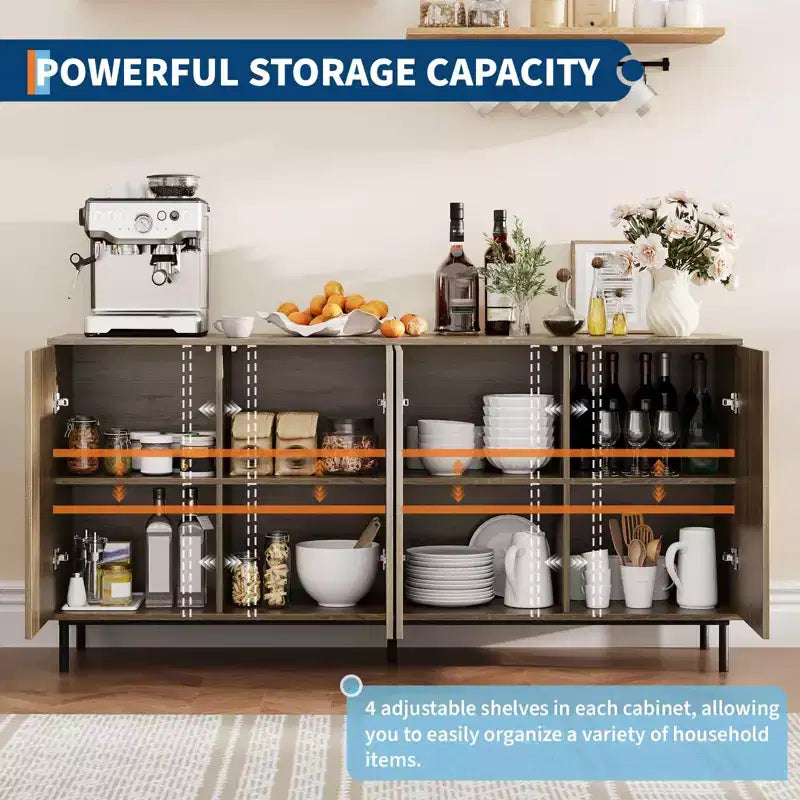 63 Modern Fluted Sideboard Buffet Cabinet, 4-Door Accent Table with Metal Legs & Adjustable Shelves, Dining Room