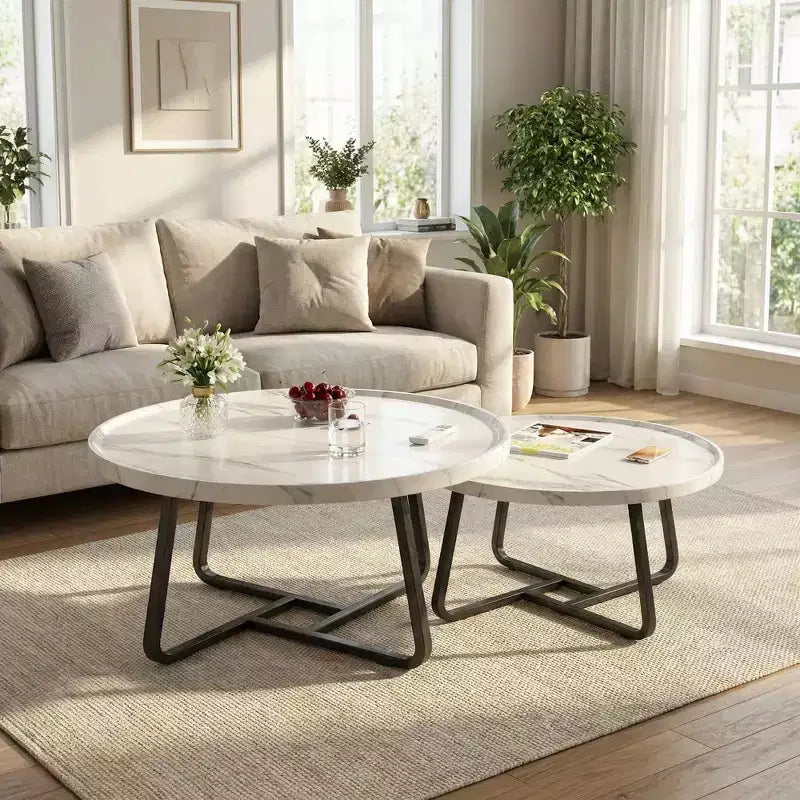 Ensemble de 2 tables basses gigognes modernes Tables rondes en bois cannelé Structure métallique robuste Montage facile Idéal pour le salon et la chambre à coucher