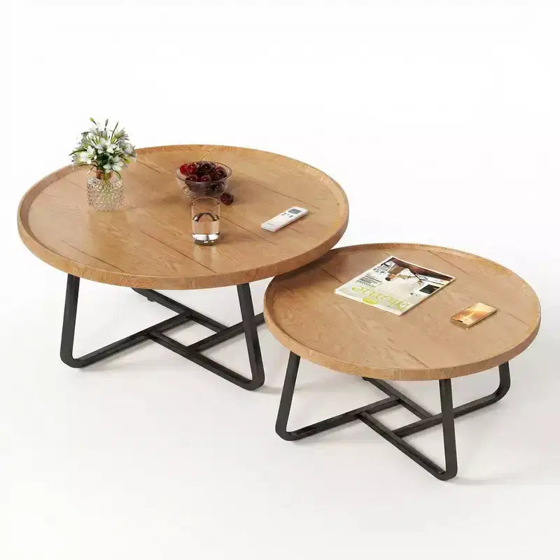 Ensemble de 2 tables basses gigognes modernes Tables rondes en bois cannelé Structure métallique robuste Montage facile Idéal pour le salon et la chambre à coucher