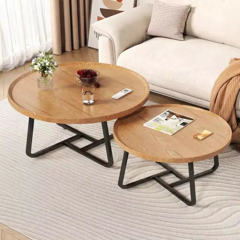 Modern Nesting Coffee Table Set of 2  Fluted Wood Circle Tables  Sturdy Metal Frame  Easy Assembly  Ideal for Living Room, Bedroom