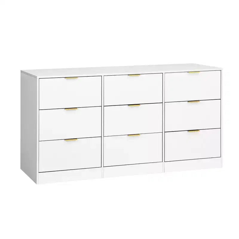 Commode à 9 tiroirs Whisen, grande commode en bois de 160 cm de profondeur, armoire de rangement moderne, poignées dorées, structure robuste, assemblage facile